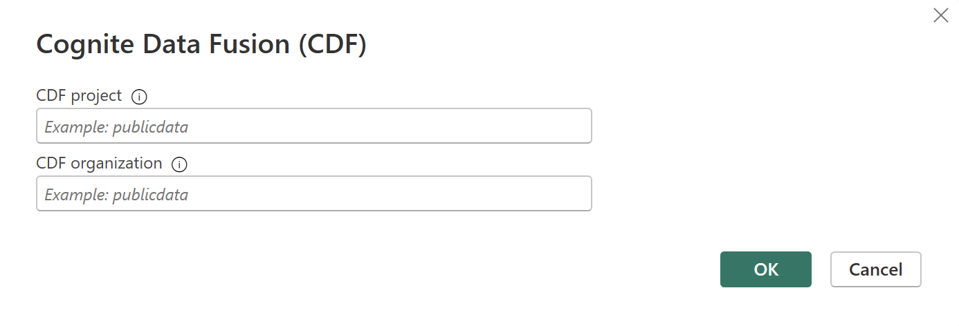 Screenshot of the connection settings where you configure the CDF REST API connector in Power BI.