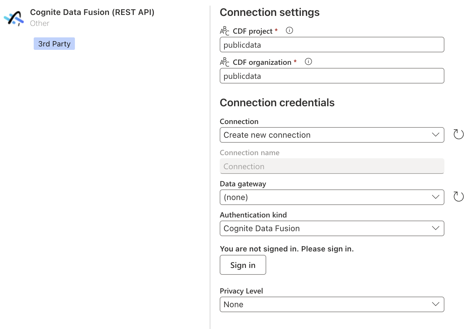Screenshot of the Cognite Data Fusion (REST API) online connection credentials.