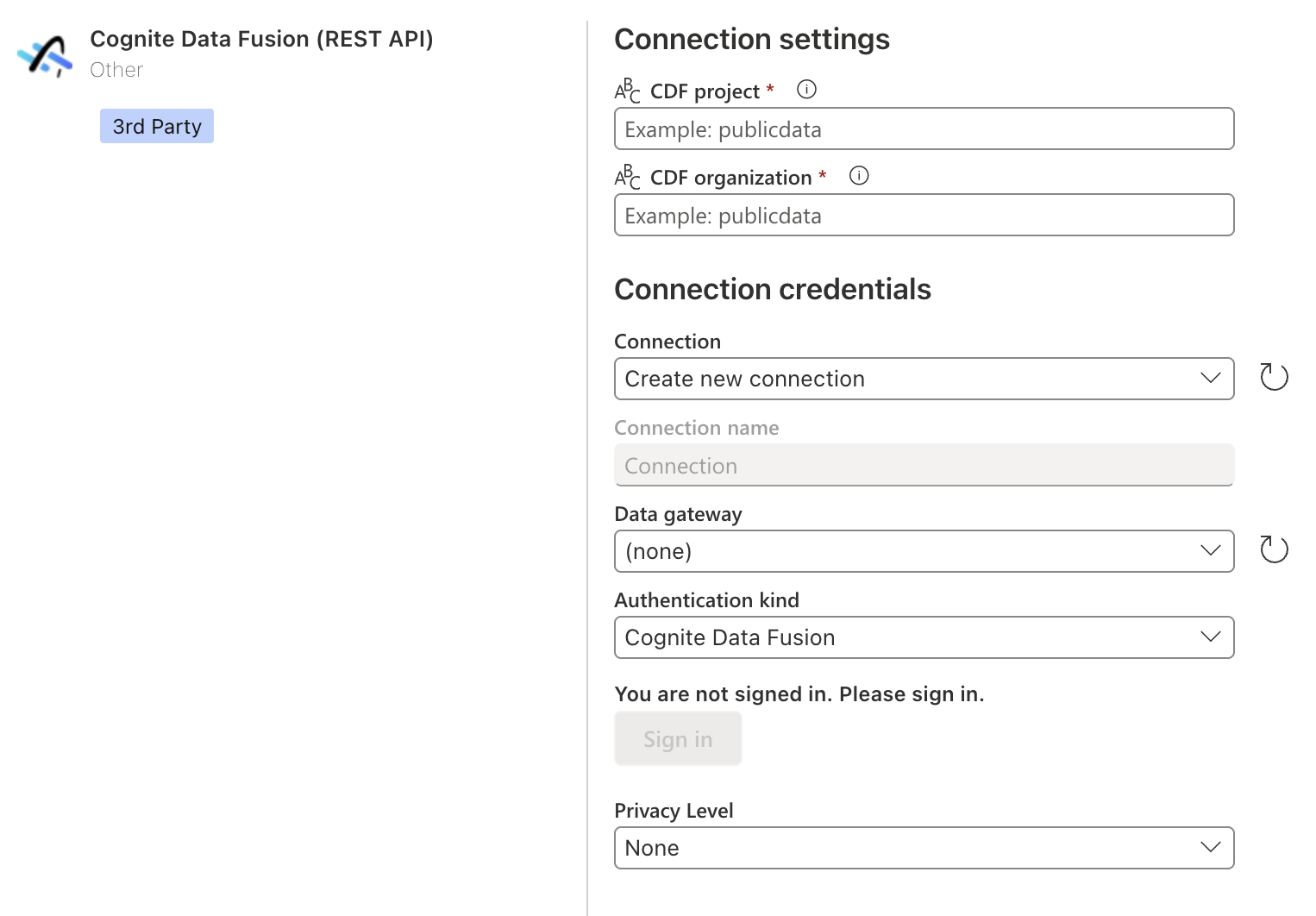 Screenshot of the Cognite Data Fusion (REST API) online connection settings.