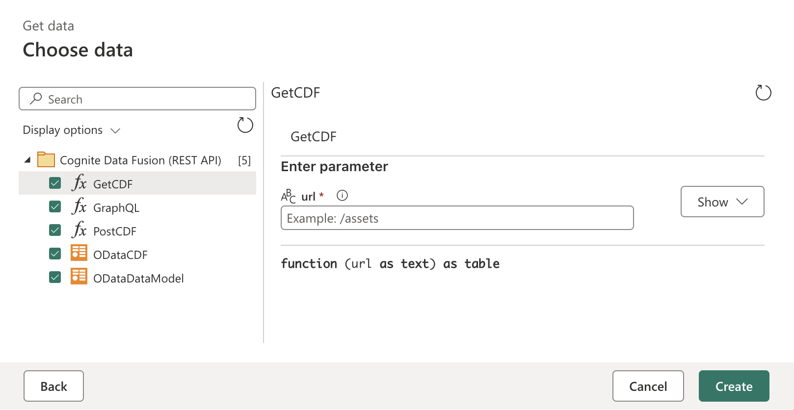 Screenshot of the Power Query Online Navigator showing the available functions.