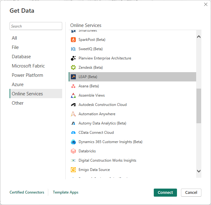 Screenshot of Online Services category and the LEAP connector highlighted.