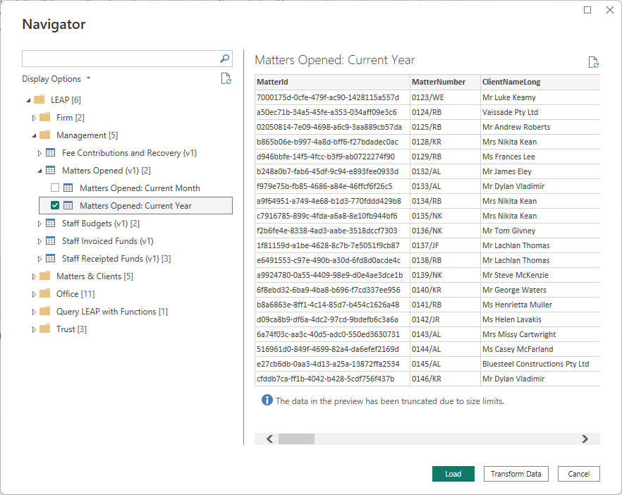 Power Query Navigator showing LEAP data.