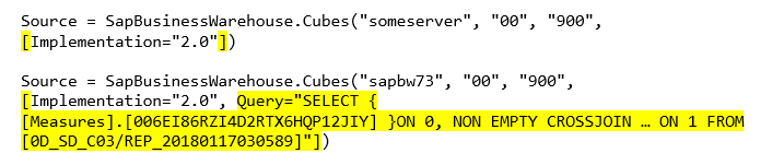 Screenshot shows a plaintext query with the added value Implementation = 2.0.