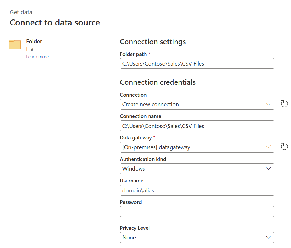 Screenshot of the Connect to data source dialog with the Connection settings folder path filled in.