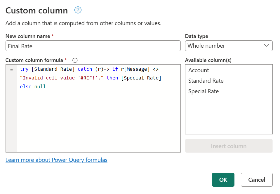 Screenshot of the custom column dialog with a new formula showcasing the try and catch syntax approach.