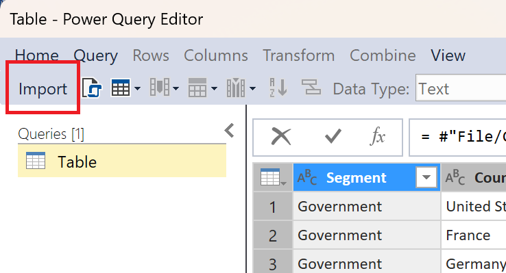Screenshot of the Import button in Analysis Services.