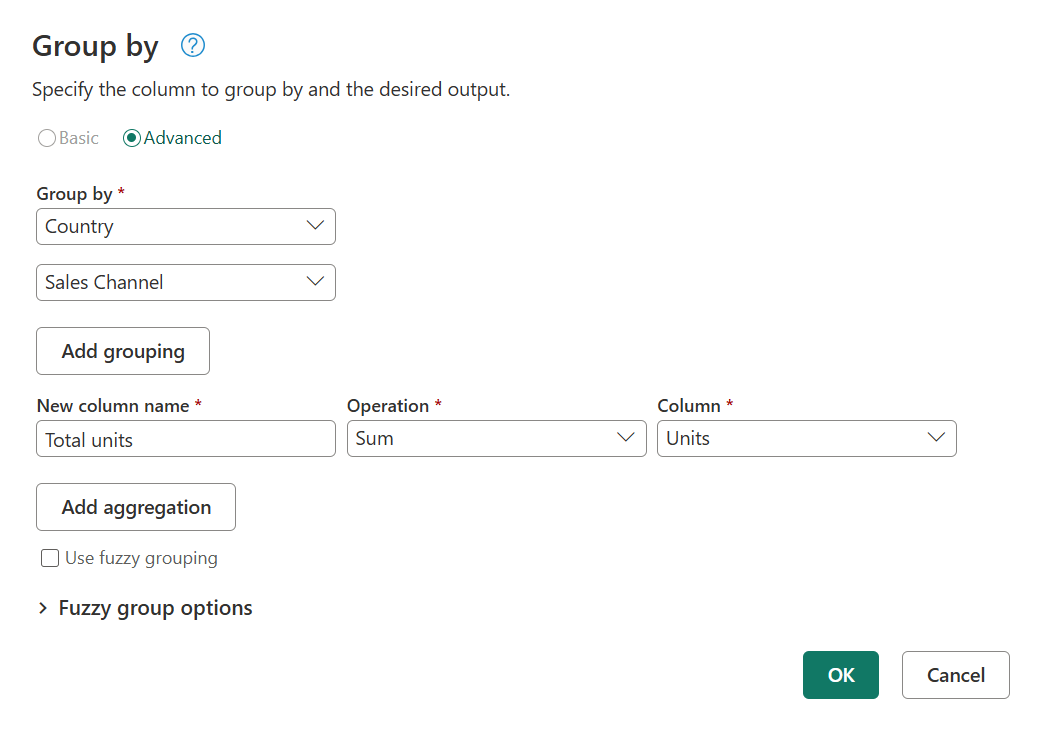 Screenshot of the Group by dialog with the aggregated columns filled in.