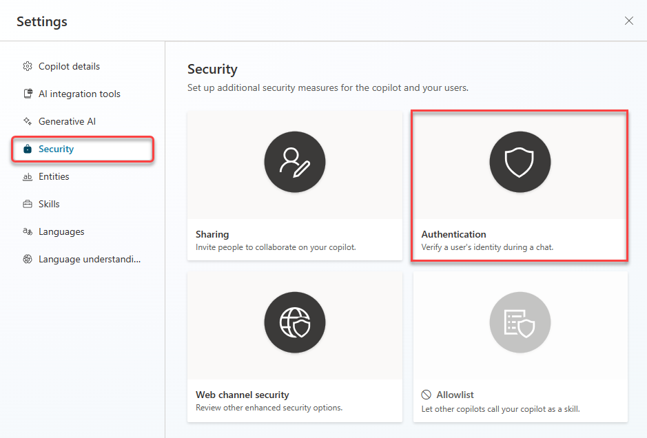 सेटिंग्स मेनू के अंतर्गत सुरक्षा पृष्ठ का स्क्रीनशॉट, जिसमें प्रमाणीकरण कार्ड को हाइलाइट किया गया है।