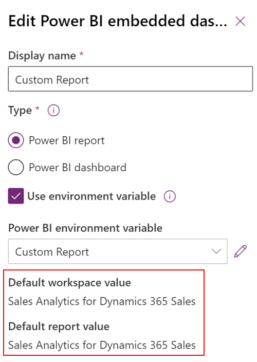 Power BI Embedded परिवेश चर मान पूर्वावलोकन Power BI Embedded परिवेश चर पैनल.