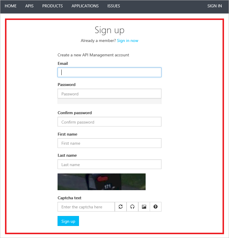 APIM Sign Up Page Developer Portal Templates Sign Up Page