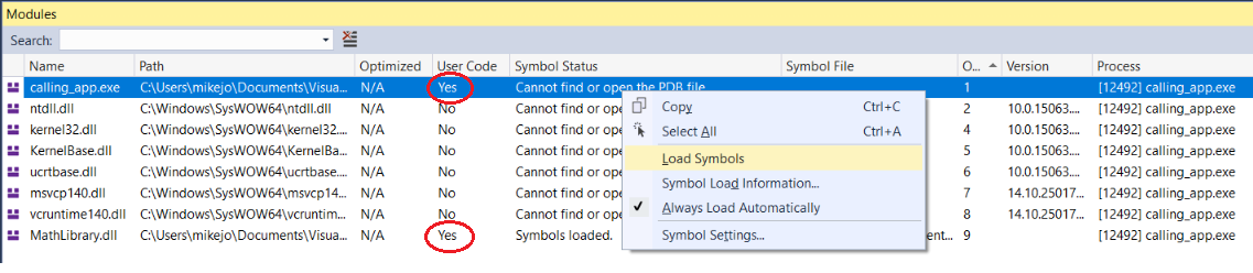 ViewSymbolInformation View symbol information in the Modules window