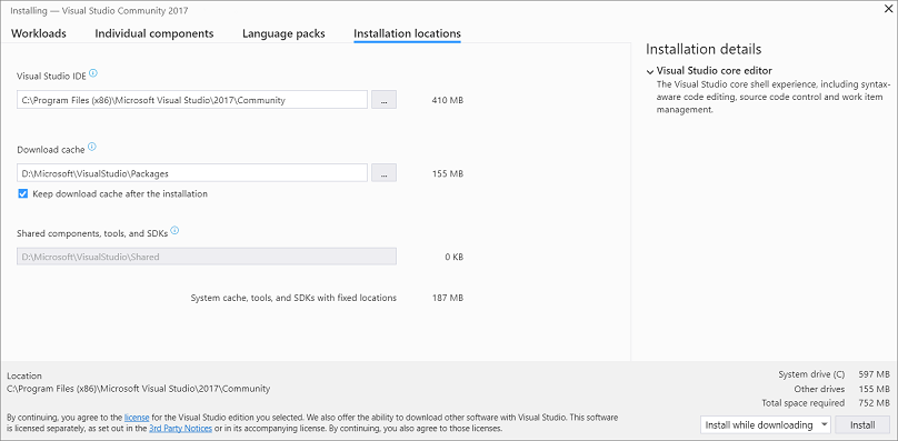 Change the installation location Screenshot showing the Installation locations tab of the Visual Studio Installer.