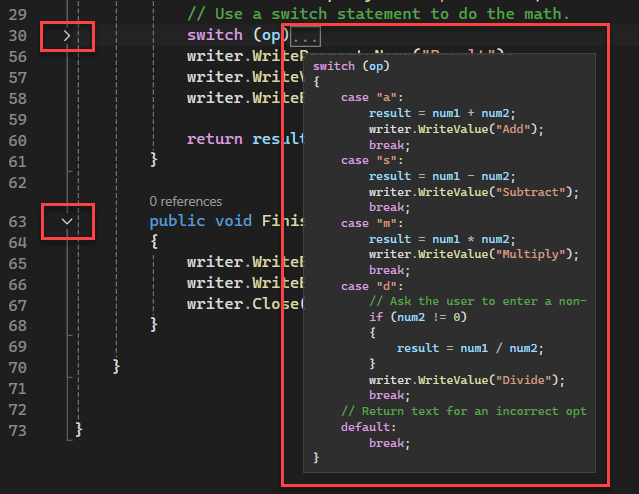 Screenshot of an example of collapsed code that shows the outlining margin and the expanded code visible in a tooltip.