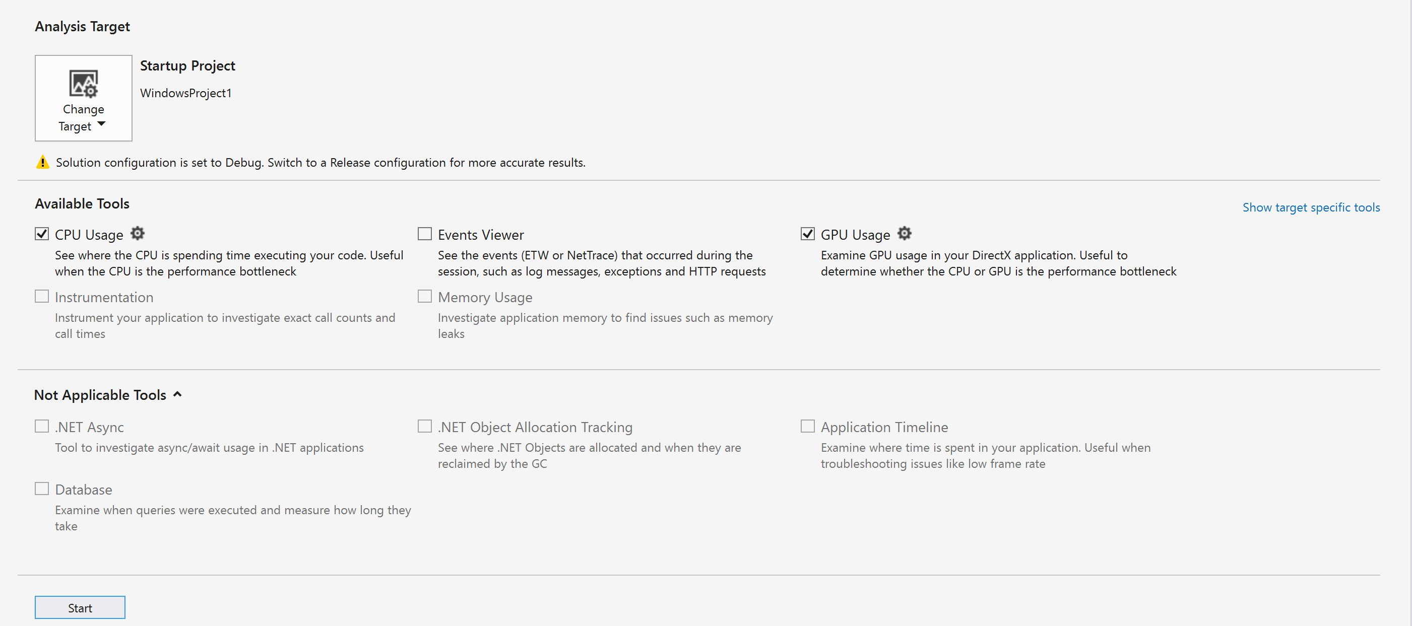 GPU Usage Selected Screenshot of the Performance Profiler, with GPU Usage selected