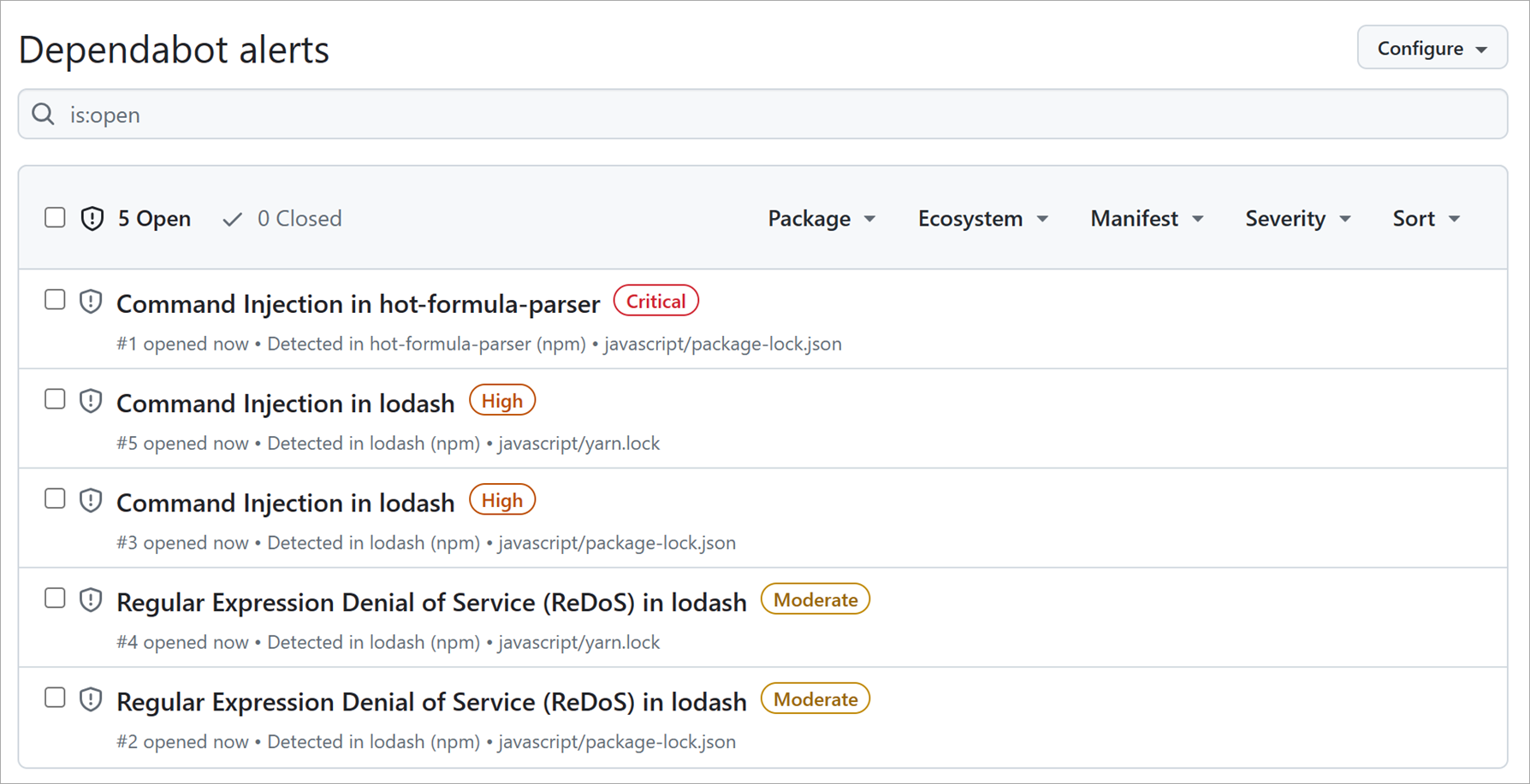 कमजोर निर्भरताओं के लिए Dependabot चेतावनियों का स्क्रीनशॉट।