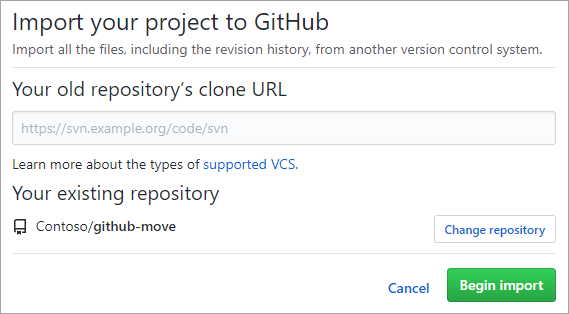 GitHub माइग्रेटर टूल का स्क्रीनशॉट।