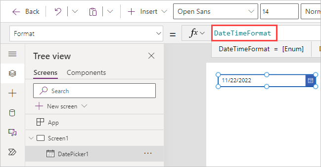 Screenshot of the fx field showing only DateTimeFormat.