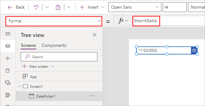 Screenshot of the Format property for the new Date picker control and showing ShortDate in the fx field.