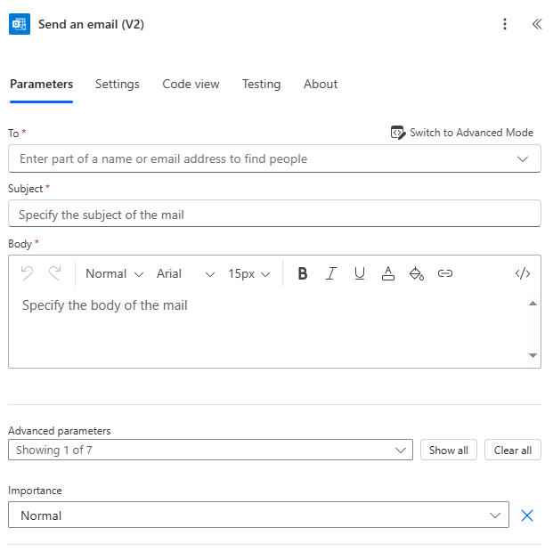 Screenshot of the send email actions to format the email body.