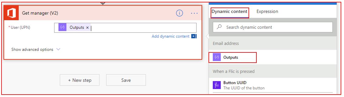 Screenshot of the Get manager action with Dynamic content and outputs highlighted.