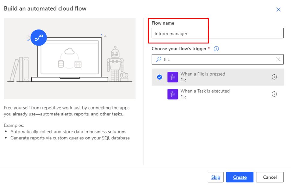 Screenshot of the inform manager flow name.