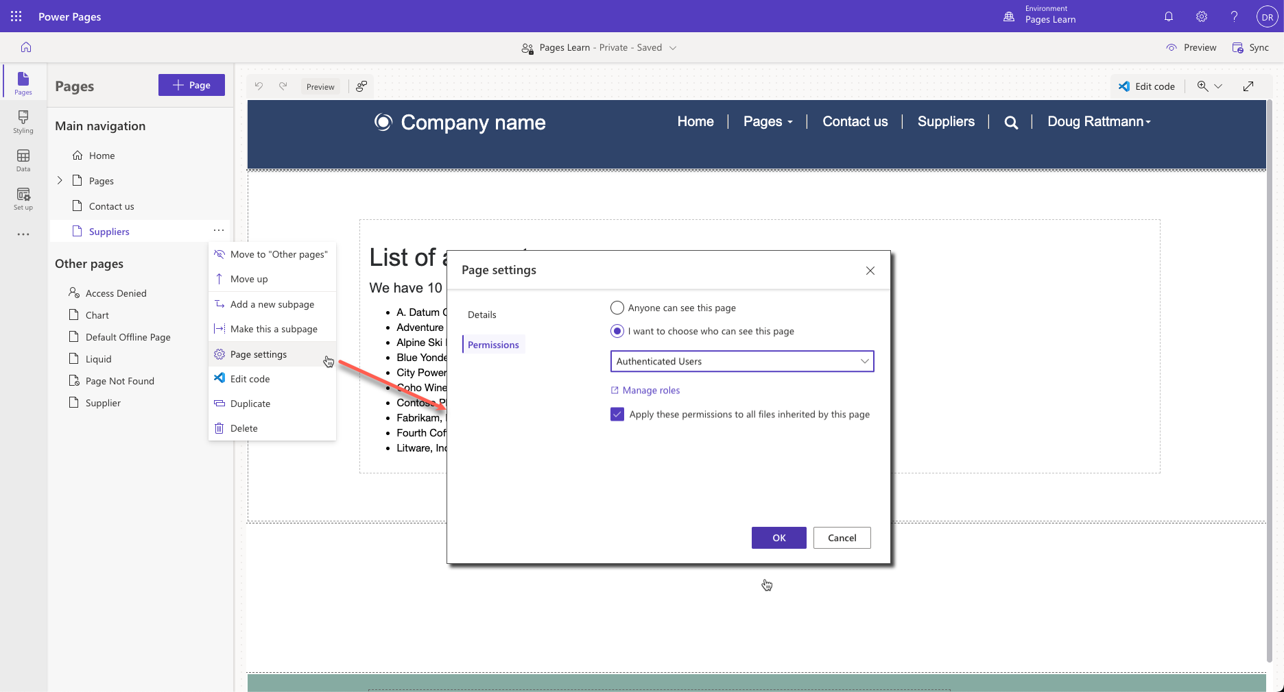 Screenshot of the steps to restrict page access in design studio.