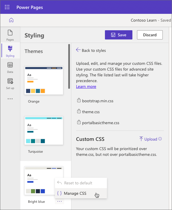 Screenshot of Advanced CSS editing in Power Pages design studio.