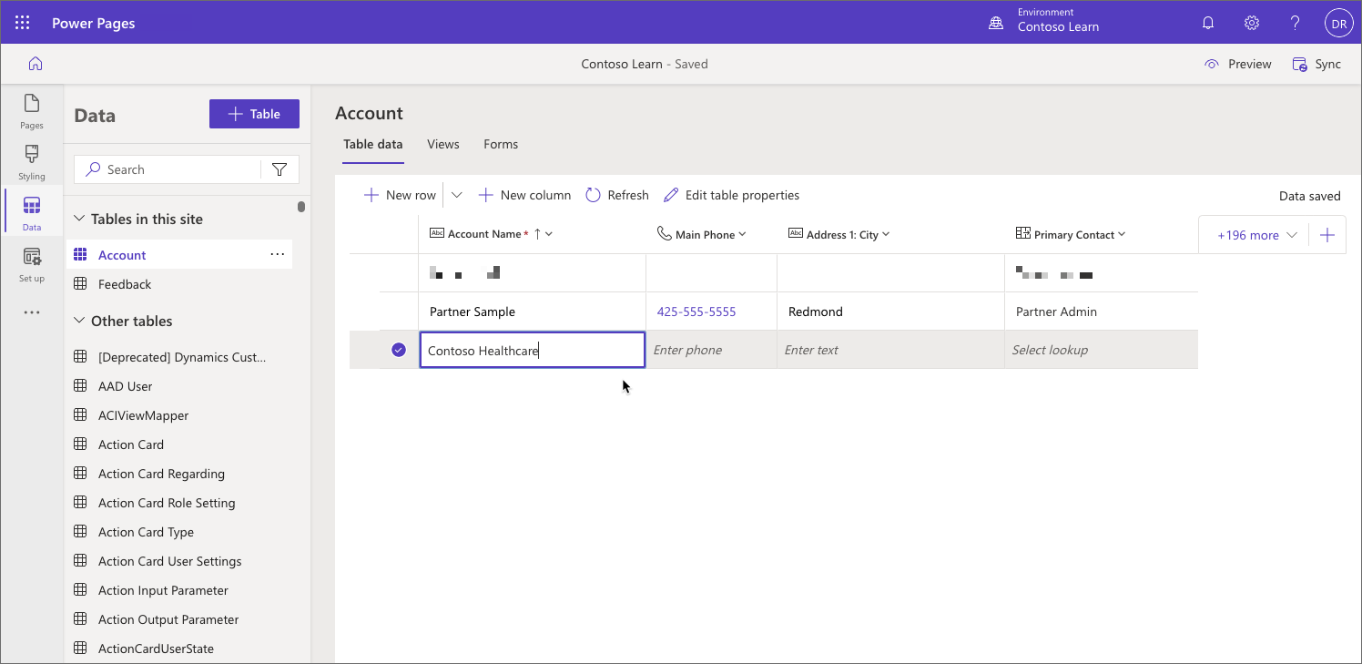 Screenshot of Data workspace in Power Pages design studio.