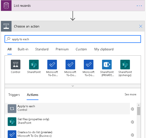 Choose an action search results for "apply to each" on the Actions tab.
