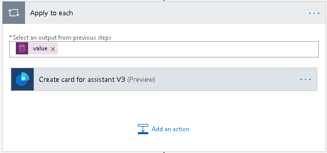 Add an action and choose Create card for assistant V3.