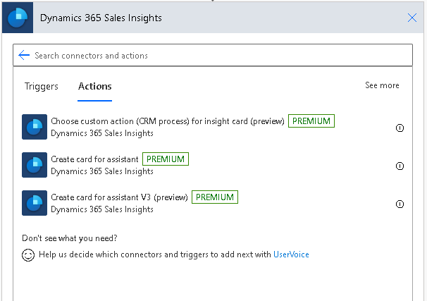 Dynamics 365 Sales Insights Actions tab shows Create card for assistant V3 (preview).