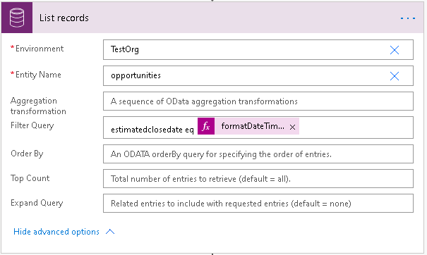 Shows the Filter Query set to estimatedclosedate eq formatDateTime.