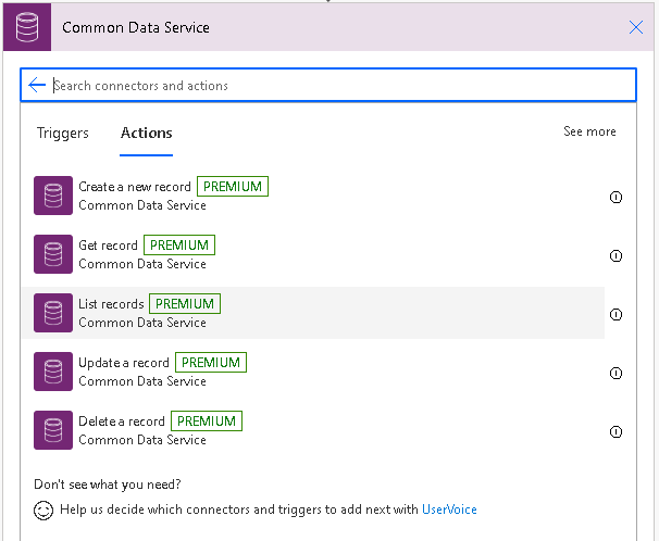 Under Microsoft Dataverse on the Actions tab, choose List records.