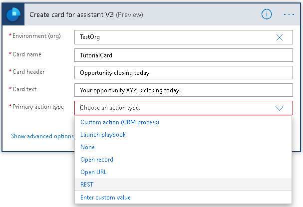 Choose REST for the Primary action type.