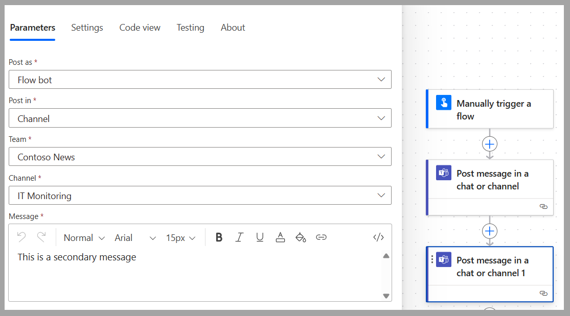 Screenshot of editing the flow, showing values filled in for the action.