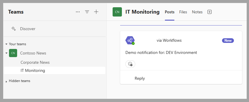 Screenshot of a notification posted in the target Teams channel.