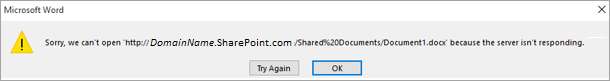 Screenshot of the error message, showing can't open the Document Location because the server isn't responding.