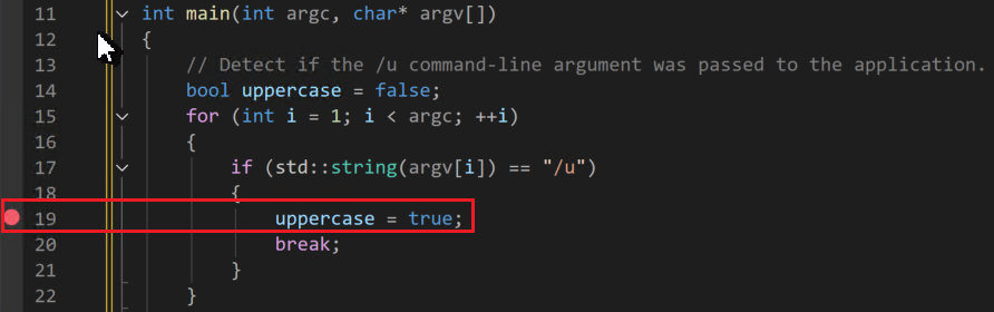 Screenshot of a breakpoint set on line 18, uppercase = true.