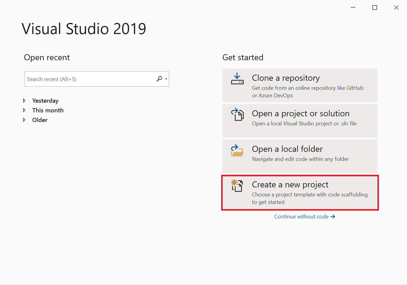 Screenshot of the start window in Visual Studio 2019 with the 'Create a new project' option highlighted. View the 'Create a new project' window