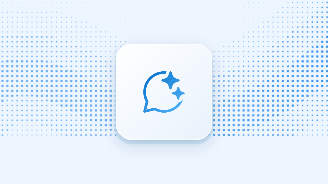 A chat bubble with sparkles icon on a raised tile over a blue pixel wave