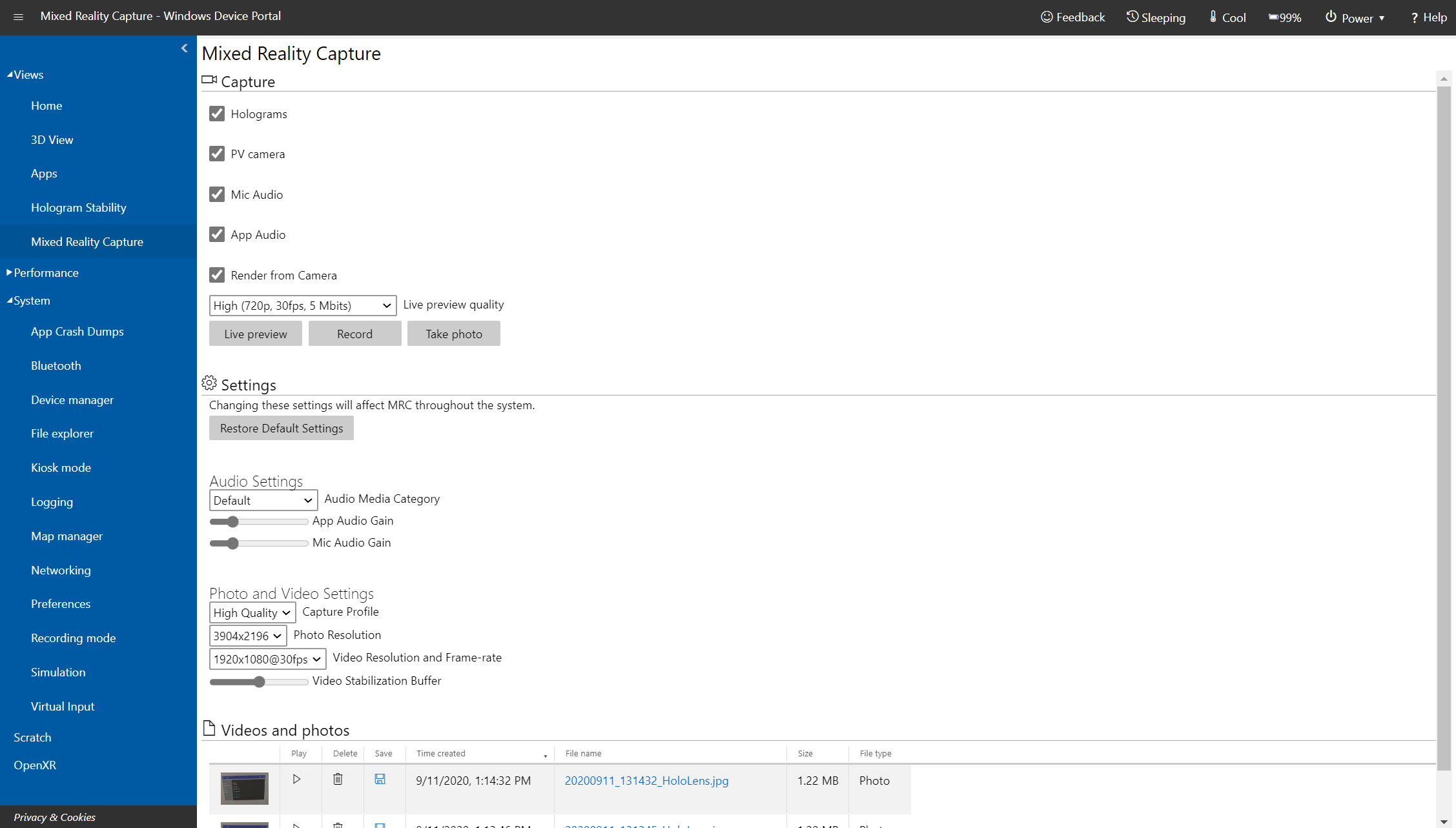 Mixed Reality Capture page in Windows Device Portal on Microsoft HoloLens
