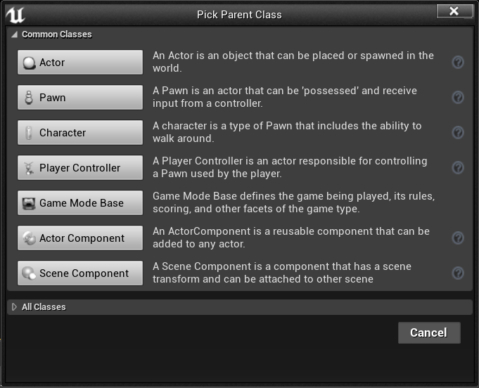 Select a parent class for your Blueprint