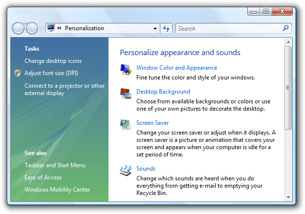 screen shot of a personalize control panel item
