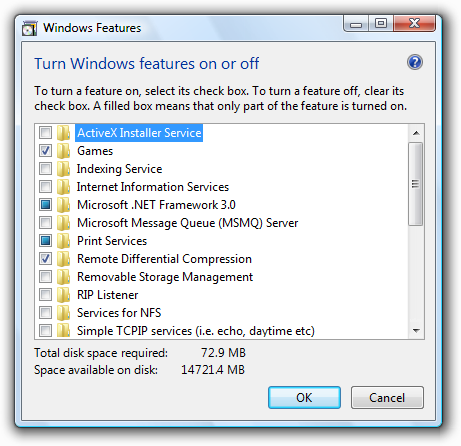 screen shot of check-box list of windows features