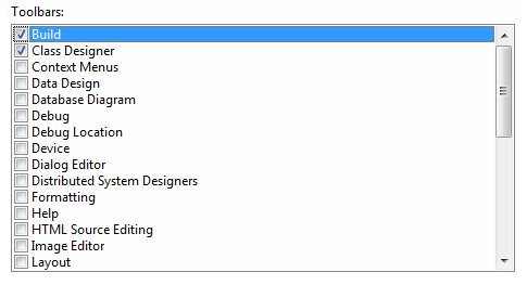 Screen shot of Toolbars check-box list