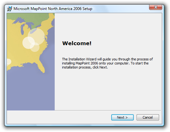 screen shot of welcome screen with next and cancel