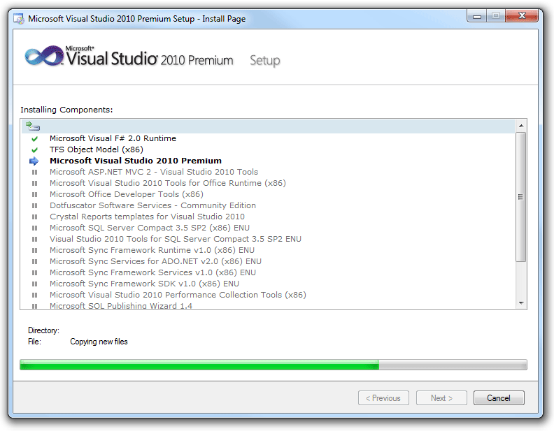 screen shot of visual studio setup, partial list