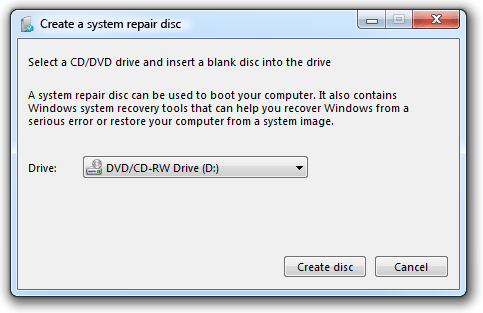 screen shot of create disc dialog box