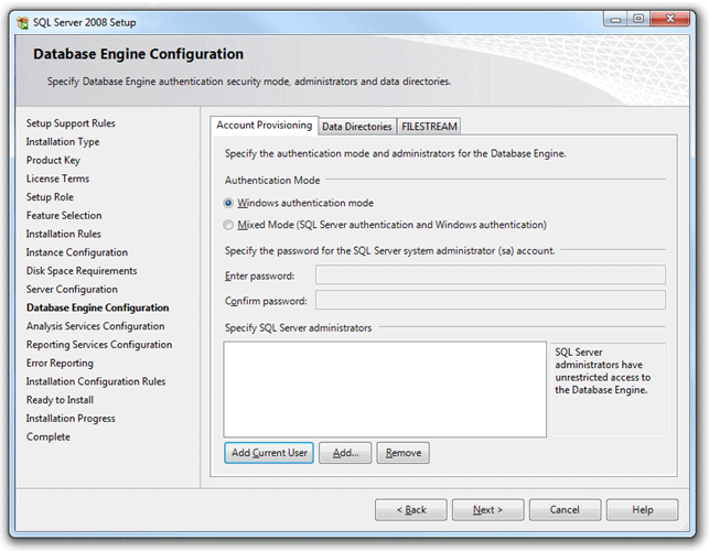 screen shot of sql server setup wizard