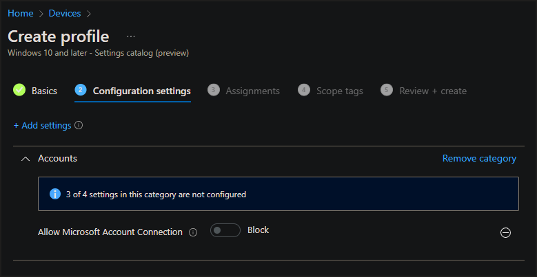 Screenshot of the settings catalog.
